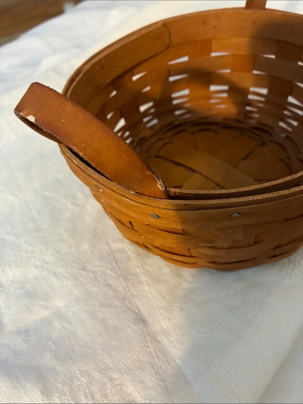Longaberger Brown Woven Basket Leather Handles About 7x4 Made WELL In Ohio
